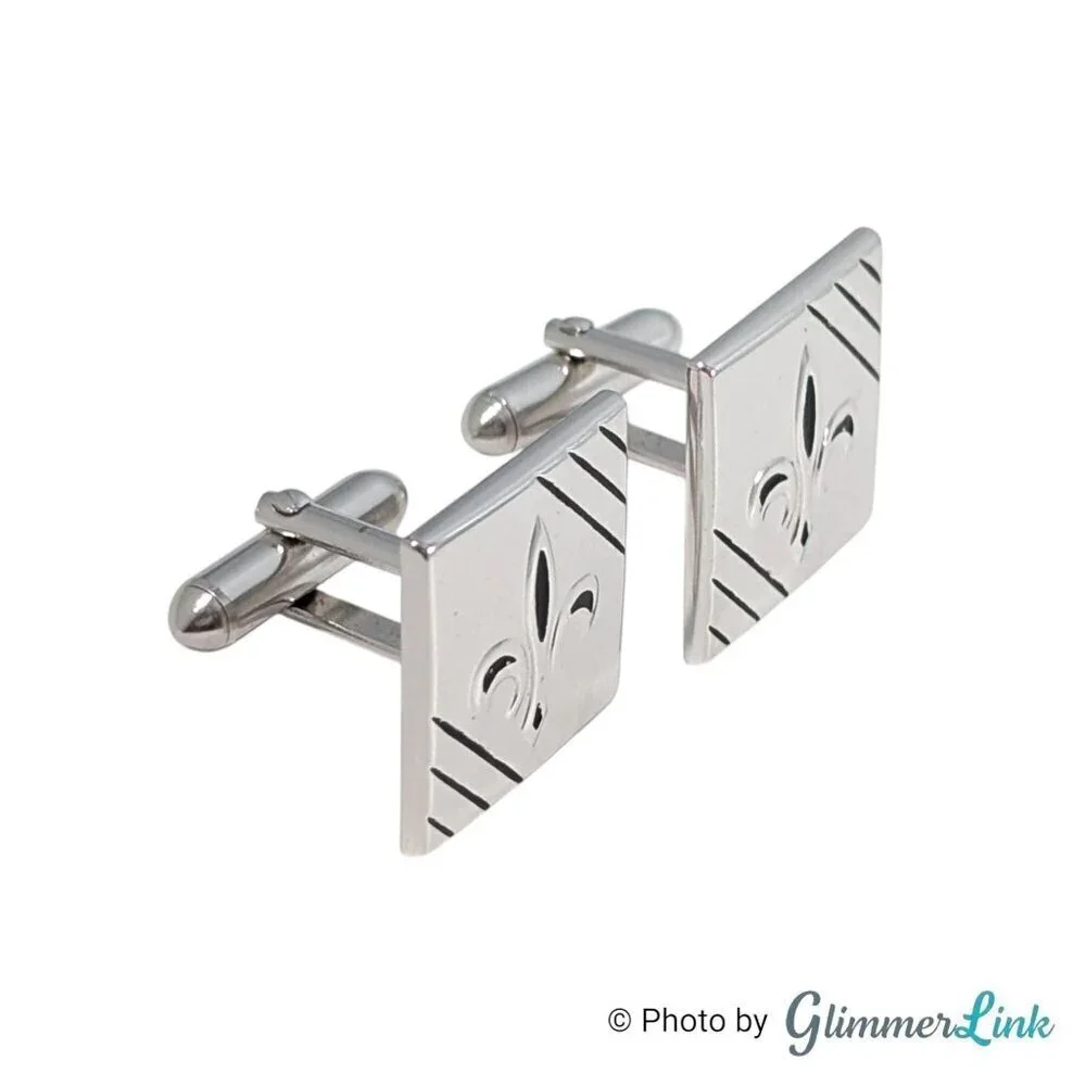 Vintage Swank Square Fleur de Lis Diagonal Stripes Silver Tone Cufflinks